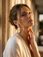 Modelo usando aretes colgantes de dos hojas de eucalipto en oro 24k — joyería botánica artesanal Colombia
