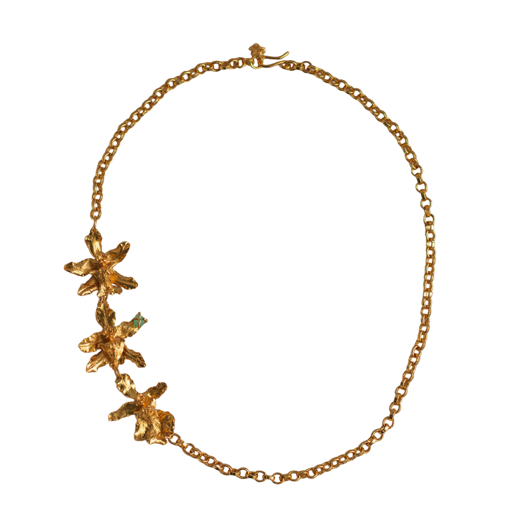 Collar Choker Tres Orquideas Chocolate y Esmeralda - Joyería Botánica | Liz de la Cruz