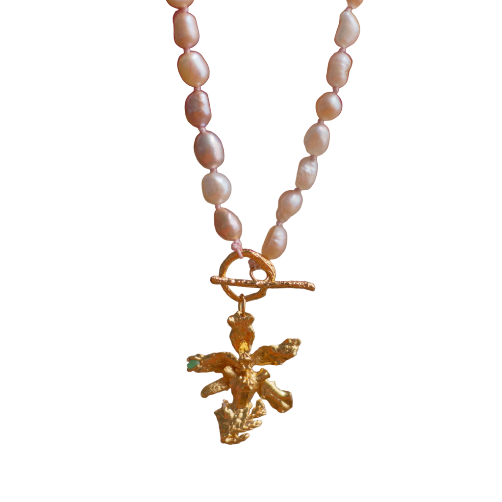 Collar Perlas Orquidea Chocolate Ramitas Y Esmeralda