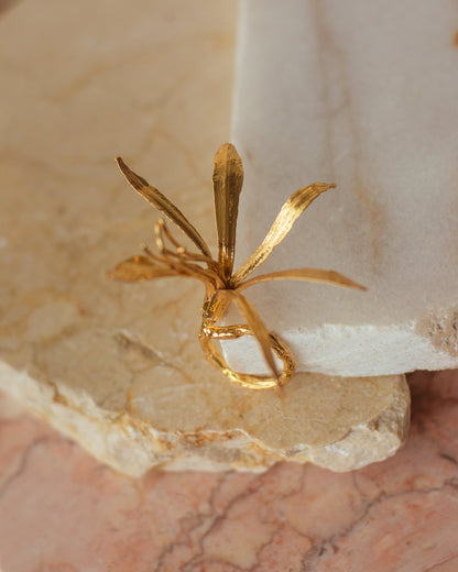 Anillo Lirio Agapanto en bronce bañado en oro de 24k, destacando la delicadeza y la forma única de la flor natural recolectada en Bogotá