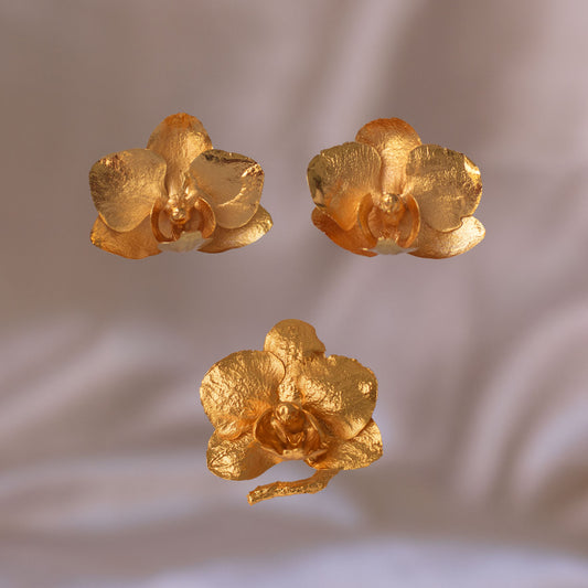 Set Orquídea Phalaenopsis Baby con aretes topo y anillo inmortalizados en bronce con baño de oro.