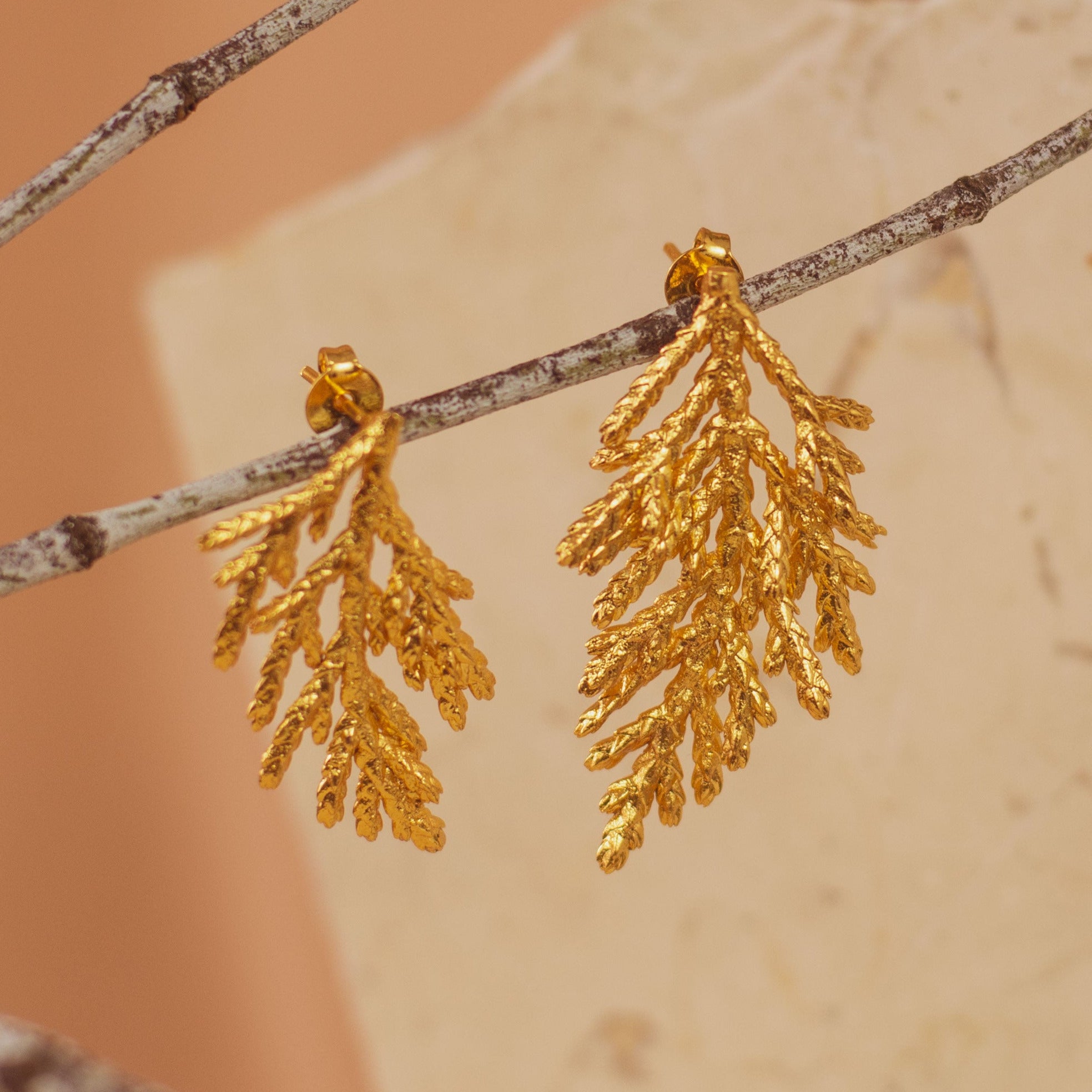 Aretes Topo Hoja Pino en bronce bañado en oro de 24k, con hoja de pino inmortalizada artesanalmente