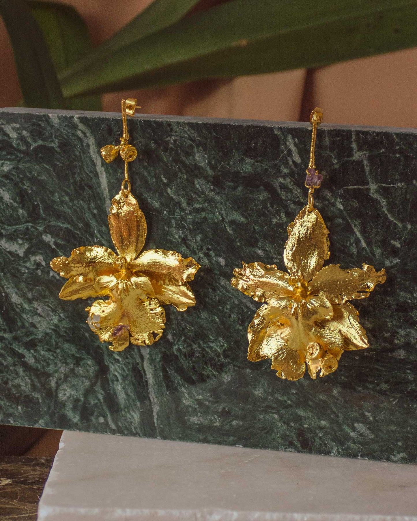 Aretes Orquidea Odontoglossum Ramita Cuarzos