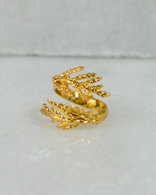 Anillo Hojitas Mini Pino en bronce bañado en oro de 24k, mostrando la textura y forma delicada de las hojitas naturales.