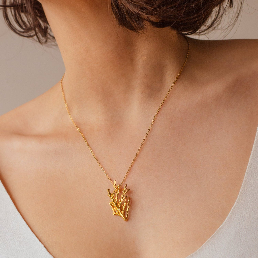Collar Gargantilla Hoja de Pino en bronce bañado en oro de 24k, mostrando la belleza natural de las hojas de pino inmortalizadas.