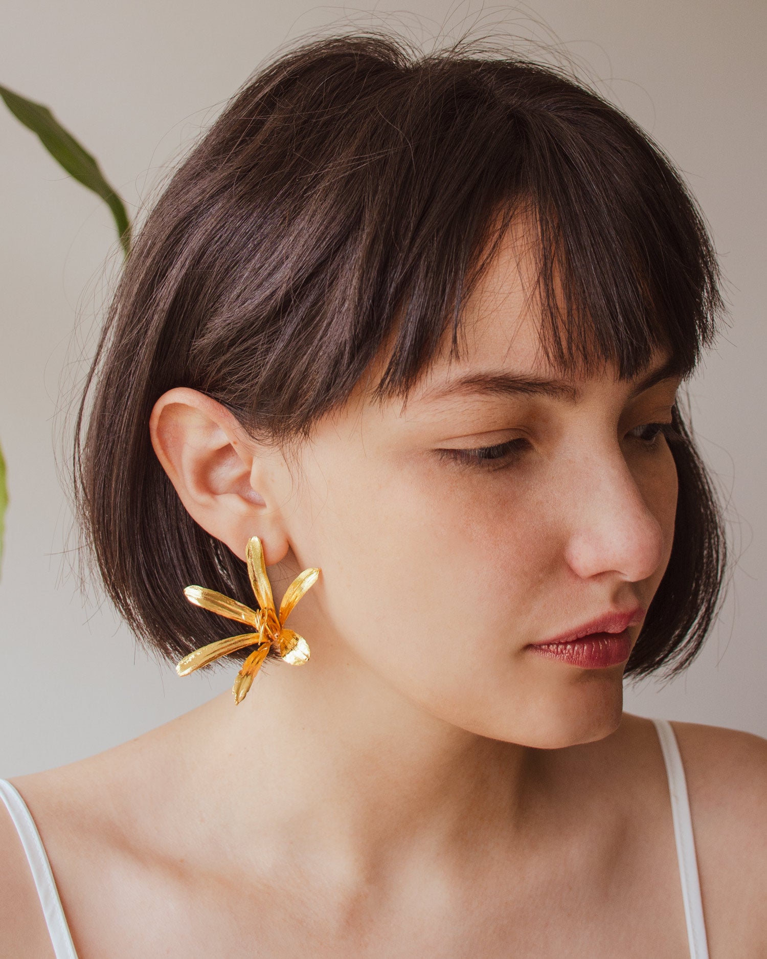 Aretes Topo Lirio Agapanto en bronce bañado en oro de 24k, destacando la belleza y singularidad de las flores naturales.