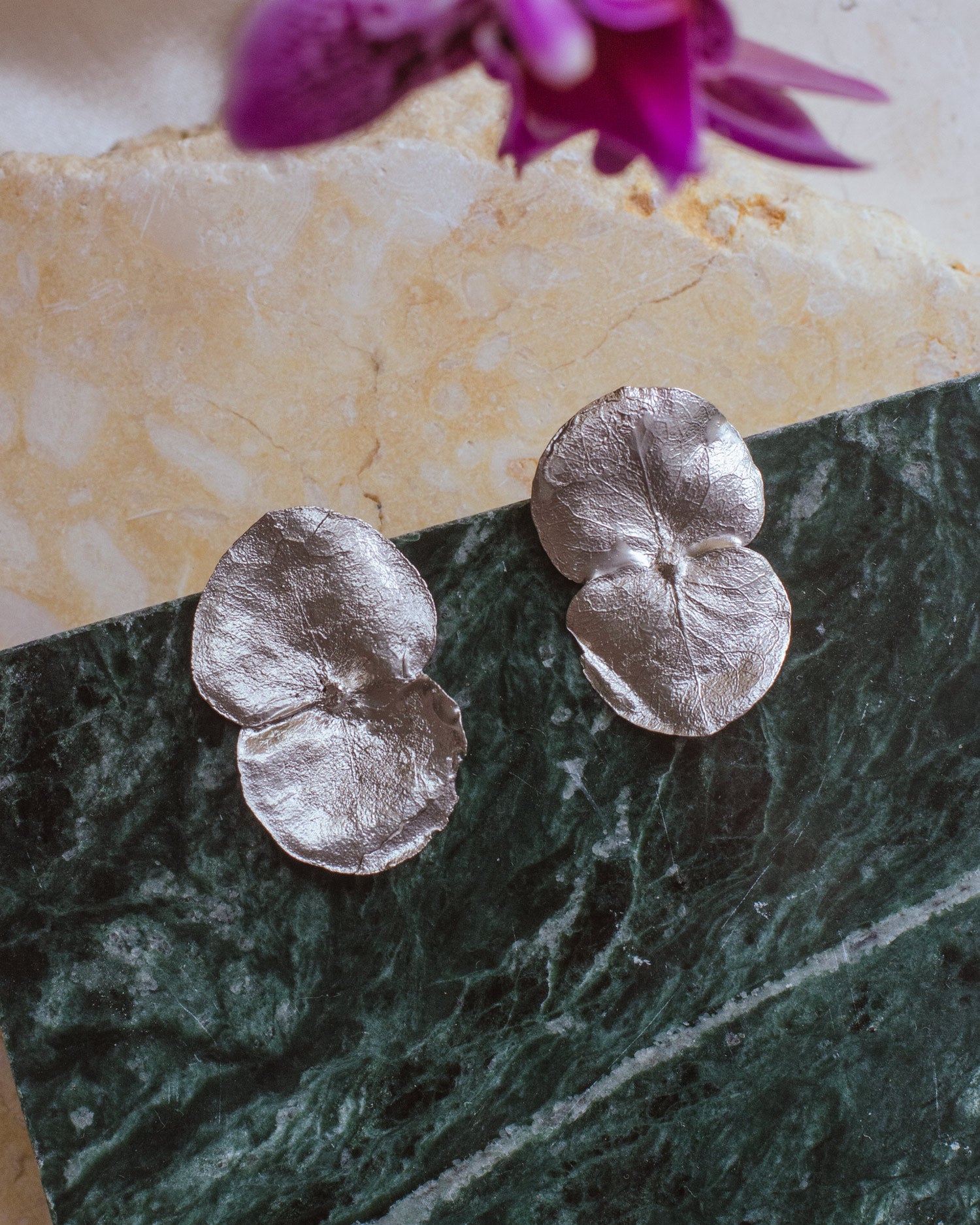 Aretes Topo Eucalipto Plata Ecológica, mostrando la delicada textura y forma de las hojas de eucalipto natural preservadas en metal reciclado