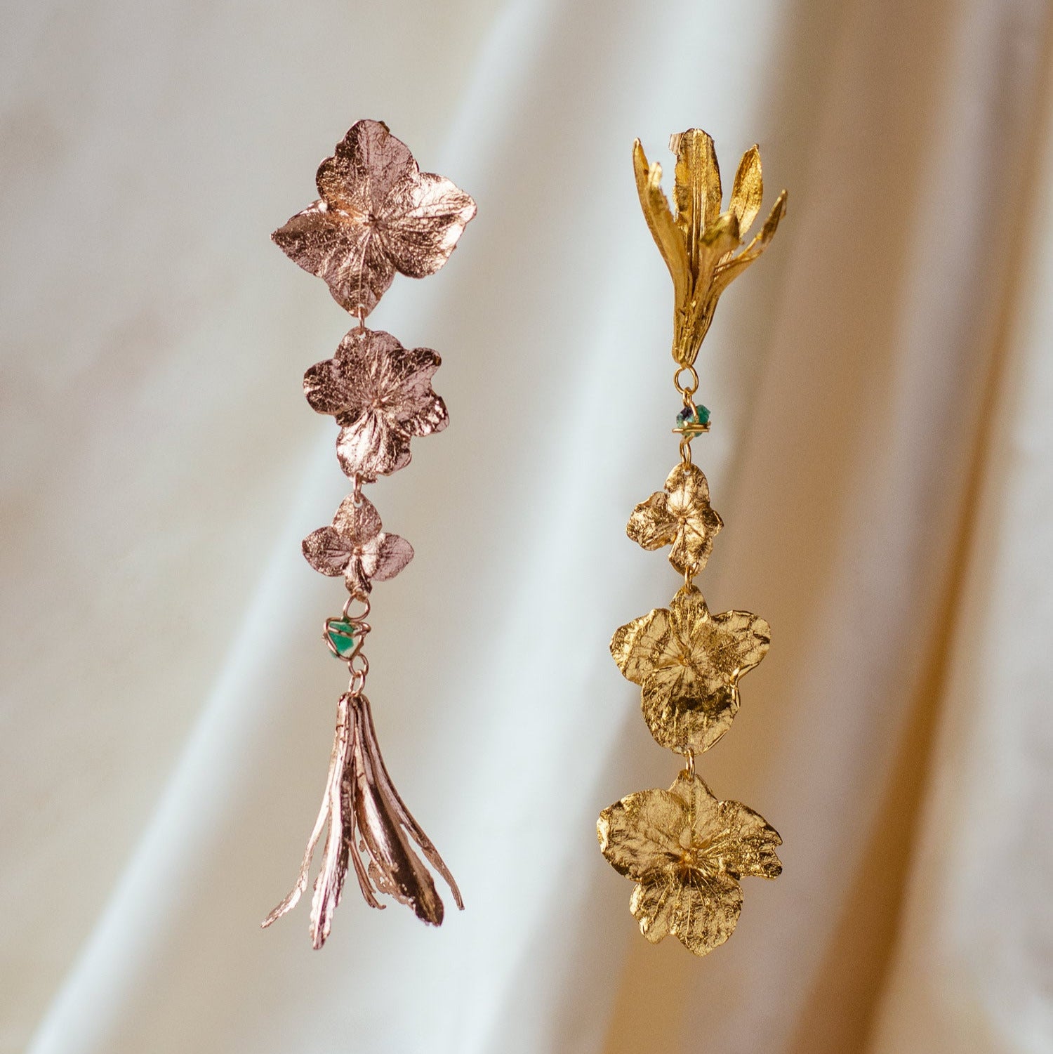 Aretes Largos Hortensia Lirios Esmeralda